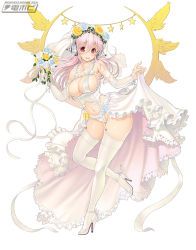 Rule 34 | 1girl, bare shoulders, blush, bouquet, breasts, bridal gauntlets, bridal veil, cleavage, elbow gloves, fingerless gloves, flower, gloves, hair flower, hair ornament, hairband, headphones, jewelry, large breasts, long hair, looking at viewer, navel, nitroplus, open mouth, pink hair, red eyes, ring, rose, smile, solo, standing, standing on one leg, super sonico, thighhighs, tsuji santa, veil, white gloves
