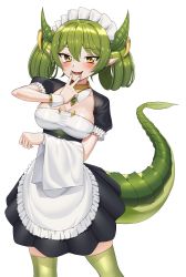 Rule 34 | 1girl, :d, absurdres, black dress, blush, breasts, brown eyes, cleavage, commentary request, dragon girl, dragon horns, dragon tail, dress, duel monster, fangs, feet out of frame, goback, green hair, green nails, green thighhighs, hair between eyes, hand up, highres, horns, maid, maid headdress, medium breasts, nail polish, open mouth, parlor dragonmaid, pleated dress, puffy short sleeves, puffy sleeves, short sleeves, simple background, smile, solo, standing, tail, thighhighs, v over mouth, white background, wrist cuffs, yu-gi-oh!