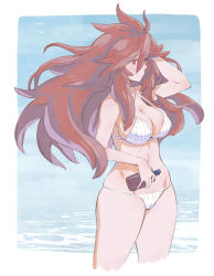 Rule 34 | 10s, 1girl, amou kanade, bikini, breasts, cleavage, commentary request, covered erect nipples, cropped legs, hair between eyes, hand in own hair, highres, hip focus, holding, large breasts, long hair, murakami hisashi, outdoors, red eyes, red hair, senki zesshou symphogear, solo, standing, strap gap, string bikini, swimsuit, very long hair, wading, white bikini, wind