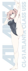Rule 34 | 1girl, armpits, atlanta (kancolle), bare arms, bare legs, bare shoulders, barefoot, black one-piece swimsuit, breasts, brown hair, character name, clothes writing, competition swimsuit, earrings, full body, grey eyes, hair between eyes, highres, jewelry, kantai collection, kneepits, large breasts, long hair, one-piece swimsuit, open mouth, shigino sohuzi, solo, split, standing, standing on one leg, standing split, star (symbol), star earrings, swimsuit, two side up, white background