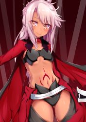 1girl absurdres bikini bikini_top_only black_bikini black_panties cape chloe_von_einzbern commentary_request dark-skinned_female dark_skin fate/kaleid_liner_prisma_illya fate_(series) female_focus flat_chest folded_ponytail highres long_hair looking_at_viewer nanakaku navel panties pink_eyes pink_hair smile solo stomach_tattoo swimsuit sword tattoo thigh_strap underwear waist_cape weapon