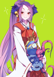 Rule 34 | 1girl, 1other, animal ears, bell, blue eyes, breasts, dakki the graceful mayakashi, doll head, duel monster, green background, hair bell, hair ornament, highres, holding head, large breasts, long sleeves, looking up, mosui (kori can), necroface, open mouth, purple hair, red eyes, sleeves past wrists, smile, tentacles, wide sleeves, yu-gi-oh!