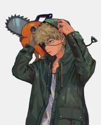 Rule 34 | 1boy, animal, animal on shoulder, blonde hair, chainsaw, chainsaw man, denji (chainsaw man), eyepatch, green hoodie, highres, holding hoodie, hood, hoodie, looking to the side, pochita (chainsaw man), shinamoku00, shirt, short hair, simple background, solo focus, spiked hair, tongue, tongue out, white background, white shirt