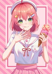 1girl :q absurdres ahoge bandaid bandaid_hair_ornament beret food food_on_face green_eyes hair_between_eyes hair_ornament hat highres holding holding_food holding_ice_cream hololive ice_cream ice_cream_on_face looking_at_viewer midriff_peek nametakeko neck_ribbon official_alternate_costume open_hand pink_nails pink_skirt plaid_clothes plaid_skirt pleated_skirt red_ribbon ribbon sakura_miko sakura_miko_(school_uniform) school_uniform serafuku shirt short_hair short_sleeves skirt solo striped_background tongue tongue_out virtual_youtuber white_serafuku white_shirt