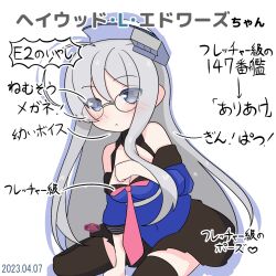 Rule 34 | 1girl, ahoge, azumo momo, black thighhighs, blue shirt, blue skirt, breasts, cleavage, commentary request, dixie cup hat, grey hair, hat, heywood l. edwards (kancolle), heywood l. edwards kai (kancolle), kantai collection, medium breasts, military hat, neckerchief, one-hour drawing challenge, pink neckerchief, pleated skirt, sailor hat, school uniform, serafuku, shirt, skirt, solo, thighhighs, translation request