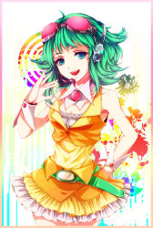 Rule 34 | 1girl, awa toka, bad id, bad pixiv id, bare shoulders, breasts, cleavage, female focus, flower, frills, goggles, goggles on head, green eyes, green hair, gumi, headphones, highres, matching hair/eyes, medium breasts, short hair, solo, vocaloid, wrist cuffs