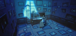 Rule 34 | 1girl, black eyes, black hair, blunt bangs, brown footwear, chair, chinese commentary, clock, collared dress, commentary, corded phone, dress, expressionless, frilled dress, frills, grandfather clock, highres, holding, indoors, instrument, long sleeves, looking at viewer, maionese, moonlight, original, painting (object), phone, piano, sidelocks, sitting, solo, white dress, wide shot