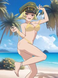 1girl ass bikini blonde_hair blush breasts brown_eyes cleavage erwin_(girls_und_panzer) girls_und_panzer hat jewelry large_breasts military_hat navel necklace ocean outdoors short_hair sky solo swimsuit yellow_bikini