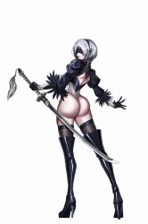Rule 34 | 1girl, 3ok, ass, back, black footwear, boots, from side, grey hair, high heel boots, high heels, huge ass, juliet sleeves, leotard, lips, long sleeves, nier (series), nier:automata, puffy sleeves, red lips, short hair, simple background, sword, thigh boots, thighhighs, virtuous contract, weapon, white background, white leotard, 2b (nier:automata)