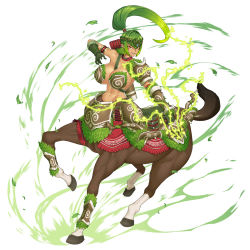 Rule 34 | 1girl, armor, arrow (projectile), between breasts, bikini armor, bow (weapon), breasts, centaur, dark-skinned female, dark skin, faulds, forehead jewel, full body, gloves, greaves, green gloves, green hair, huge breasts, impossible clothes, long hair, monster girl, pointy ears, ponytail, quiver, red eyes, solo, spacezin, strap between breasts, taur, teeth, tiara, tokyo tenma, tokyo tenma: devil slave, upper teeth only, weapon