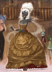 Rule 34 | animal ears, bare shoulders, black dress, black skin, blue hair, bracelet, colored skin, dress, flower, formal, fujinozu, full body, gold dress, grin, indoors, jewelry, low neckline, multiple girls, one eye closed, open mouth, outstretched hand, pixiv fantasia, pixiv fantasia 3, smile, solo focus, standing, standing on one leg, strapless, strapless dress, teeth, toes, white hair, yellow eyes