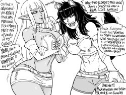 Rule 34 | 2girls, absurdres, animal ears, arms under breasts, bb (baalbuddy), black hair, breasts, claws, cleavage, collarbone, crop top, crossed arms, dark-skinned female, dark skin, elbow gloves, english text, gloves, greyscale, highres, hime cut, large breasts, long hair, miniskirt, monochrome, multiple girls, one eye closed, original, pointy ears, revealing clothes, simple background, skirt, speech bubble, tail, thighs, werewolf, white background