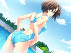 Rule 34 | 1girl, adjusting clothes, adjusting swimsuit, aneiro, ass, black eyes, blush, brown hair, competition swimsuit, day, dutch angle, game cg, glasses, one-piece swimsuit, outdoors, pool, riv (rivleaf), short hair, smile, solo, sumi sayaka, swimsuit, water, wet