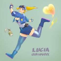Rule 34 | 1girl, baseball cap, blonde hair, blue eyes, blue footwear, blue gloves, blue shorts, blue thighhighs, boots, breasts, cleavage, coffee cup, commentary, cropped jacket, cup, disposable cup, elbow pads, english commentary, eyewear on head, eyewear on headwear, final fight, final fight tough, fingerless gloves, full body, gloves, hat, heart, highres, large breasts, lucia morgan, police, police badge, police uniform, policewoman, quasimodox, running, shorts, smile, solo, street fighter, street fighter v, striped clothes, striped thighhighs, sunglasses, thighhighs, unbuttoned, uniform, vertical-striped clothes, vertical-striped thighhighs