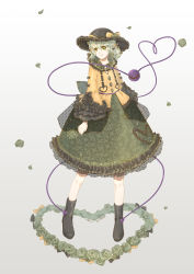 Rule 34 | 1girl, artist name, black bow, black footwear, black hat, blouse, boots, bow, buttons, closed mouth, commentary, dated, diamond button, flower, frilled shirt collar, frilled skirt, frilled sleeves, frills, full body, green eyes, green flower, green hair, green rose, green skirt, grey background, hair between eyes, hat, hat bow, heart, heart-shaped pupils, heart of string, highres, komeiji koishi, long sleeves, looking at viewer, medium hair, miriam108, petals, ribbon, rose, rose petals, shirt, simple background, skirt, smile, solo, standing, symbol-shaped pupils, third eye, touhou, wide sleeves, yellow bow, yellow ribbon, yellow shirt