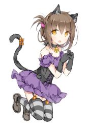 Rule 34 | 10s, 1girl, alternate costume, animal ears, bare shoulders, bell, black gloves, brown hair, cat ears, cat tail, collar, corset, dress, fake animal ears, fake tail, folded ponytail, full body, garter straps, gloves, hair ornament, hairclip, halloween, halloween costume, inazuma (kancolle), jingle bell, kantai collection, loafers, long hair, neck bell, open mouth, ponytail, purple dress, ribbon, shoes, simple background, solo, striped clothes, striped thighhighs, tail, thighhighs, wataame27, white background
