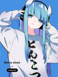 Rule 34 | 1girl, absurdres, arms up, blue background, blue eyes, blue hair, blunt bangs, blush, character name, glitch, hair ornament, half-closed eyes, hands on headphones, headphones, highres, long hair, long sleeves, looking at viewer, open mouth, shifure (seedflare cat), shirt, simple background, solo, somunia, somunia room, upper body, virtual youtuber, white shirt