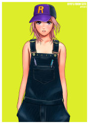 Rule 34 | 1girl, baseball cap, female focus, hat, naked overalls, overalls, purple hair, ryu (ryu&#039;s form site), short hair, simple background, solo