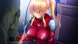 Rule 34 | 1girl, blonde hair, blue eyes, blush, bodysuit, breasts, censored, cum, ejaculation, embarrassed, from above, game cg, handjob, head out of frame, huracan, indoors, kyonyuu onna shikan sennou saimin, large breasts, lisa lindy, long hair, looking down, lune (company), mosaic censoring, orgasm, original, parted lips, penis, pilot suit, projectile cum, red bodysuit, shiny clothes, solo focus, standing, surprised, twintails