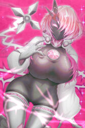 Rule 34 | 1girl, absurdres, black bodysuit, bodysuit, breasts, cowboy shot, curvy, duel monster, electricity, energy hair, flaming eyes, haijiru 0616, highres, huge breasts, jacket, lightning hair, long sleeves, mask, no mouth, open clothes, open jacket, pink hair, short hair, spright carrot, thick thighs, thighs, wide hips, yu-gi-oh!