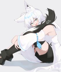 Rule 34 | 1girl, ahoge, animal ear fluff, animal ear piercing, animal ears, aqua eyes, bare shoulders, black footwear, black shorts, black thighhighs, blush, boots, braid, commentary, detached sleeves, fold-over boots, fox ears, fox tail, frilled sleeves, frills, grey background, hololive, hood, hooded vest, hoodie, hugging own legs, hugging own tail, hugging tail, knees up, long hair, looking at viewer, open mouth, ribbon-trimmed sleeves, ribbon trim, shino2121, shirakami fubuki, shirakami fubuki (1st costume), shorts, side braid, single thighhigh, sitting, solo, tail, thigh strap, thighhighs, vest, virtual youtuber, white hair, white sleeves, wide sleeves