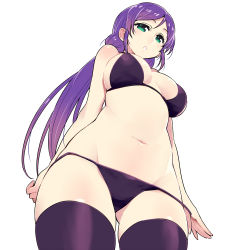 Rule 34 | 10s, 1girl, bikini, breasts, chan co, cowboy shot, from below, green eyes, groin, large breasts, long hair, love live!, love live! school idol project, low twintails, navel, purple bikini, purple hair, purple thighhighs, simple background, solo, swimsuit, thighhighs, tojo nozomi, twintails, very long hair, white background