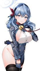 Rule 34 | 1girl, absurdres, ako (blue archive), black thighhighs, blue archive, blue eyes, blue hair, blue hairband, blue jacket, blush, breasts, broken, broken chain, chain, closed mouth, collar, cuffs, earrings, gun, hair between eyes, hairband, halo, handgun, highres, jacket, jacket tug, jewelry, large breasts, leash, long hair, long sleeves, luger p08, no panties, red collar, shirt, sideboob, simple background, solo, thighhighs, weapon, white background, white shirt, yukineko1018