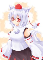 Rule 34 | 1girl, animal ears, baia, bespectacled, blush, breasts, detached sleeves, glasses, hat, inubashiri momiji, red eyes, short hair, smile, solo, tail, tokin hat, touhou, wolf ears, wolf tail