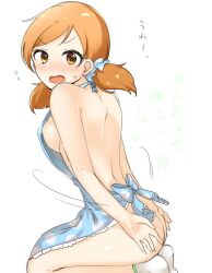 Rule 34 | 1girl, apron, ass, back, bare shoulders, blue apron, blue bow, blue scrunchie, blush, bow, breasts, brown eyes, brown hair, dot nose, flying sweatdrops, frilled apron, frills, from side, green trim, hair ornament, hair scrunchie, idolmaster, idolmaster cinderella girls, idolmaster cinderella girls starlight stage, iyosan (a-01), komatsu ibuki, large breasts, looking at viewer, motion lines, naked apron, open mouth, polka dot, polka dot apron, print apron, scrunchie, seiza, short hair, shy, sideboob, simple background, sitting, socks, solo, sweatdrop, translated, twintails, v-shaped eyebrows, waist bow, wavy mouth, white background, white socks