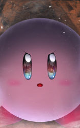 Rule 34 | 1boy, artist name, blue eyes, blush, close-up, eye focus, eye reflection, highres, kashu (hizake), kirby, kirby (series), looking at viewer, male focus, nintendo, no humans, open mouth, reflection, serious, shading, signature, simple background, solo, spoilers, super smash bros.