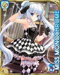 Rule 34 | 1girl, black dress, blue eyes, blunt bangs, brown background, card, character name, checker pattern, checkered clothes, checkered legwear, closed mouth, day, dress, girlfriend (kari), idol, indoors, miss monochrome, miss monochrome (character), official art, qp:flapper, skirt, smile, solo, standing, tagme, thighhighs, twintails, white footwear, white hair