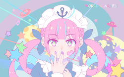 Rule 34 | 1girl, absurdres, anchor symbol, blue eyes, blue hair, blush, braid, bright pupils, colored inner hair, covering own mouth, crown braid, doughnut, drill hair, facial mark, food, hand over own mouth, heart, highres, hololive, looking at viewer, madcocoon, maid, maid headdress, minato aqua, minato aqua (1st costume), multicolored eyes, multicolored hair, nail art, nail polish, nose blush, pink eyes, pink hair, purple nails, ringed eyes, solo, star (symbol), twin drills, twintails, two-tone hair, upper body, virtual youtuber, yellow pupils