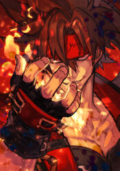 Rule 34 | 1boy, arc system works, black gloves, brown hair, collarbone, english text, fingerless gloves, fire, fire, gloves, grin, guilty gear, guilty gear strive, hair between eyes, hungry clicker, long hair, looking at viewer, male focus, outstretched arm, ponytail, red background, red eyes, simple background, smile, sol badguy, solo, upper body