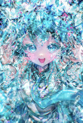 Rule 34 | 1girl, absurdres, aqua eyes, aqua hair, aqua theme, blue eyes, blue hair, blue theme, blush, collared shirt, colored eyelashes, detached sleeves, floating clothes, grey shirt, hands up, happy, hatsune miku, highres, long hair, looking at viewer, onene, open mouth, partially submerged, shards, shirt, solo, straight-on, twitter username, upper body, vocaloid, water, wet