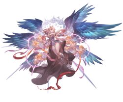 Rule 34 | 1girl, bare shoulders, blue eyes, breasts, closed mouth, full body, gabriel (granblue fantasy), granblue fantasy, halo, halo behind head, leotard, long hair, minaba hideo, multiple wings, official art, pink hair, solo, third-party source, transparent background, wings