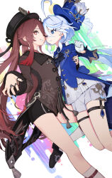 2girls ;d absurdres arm_around_waist ascot black_ascot black_hat black_nails black_shorts blue_brooch blue_eyes blue_hair blue_hat blue_jacket brown_coat brown_eyes brown_hair cheek-to-cheek coat coattails cowlick drop-shaped_pupils flat_chest flower-shaped_pupils furina_(genshin_impact) genshin_impact gloves gradient_hair grey_shorts grin hair_between_eyes hand_up hat heads_together highres hu_tao_(genshin_impact) jacket jewelry long_hair long_sleeves looking_at_another looking_at_viewer multicolored_hair multiple_girls multiple_rings one_eye_closed open_mouth ouji_fashion paserin_ekaku porkpie_hat red_hair ring short_shorts shorts smile streaked_hair symbol-shaped_pupils thighs thumb_ring top_hat twintails twitter_username white_gloves white_hair