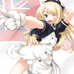Rule 34 | 1girl, arm behind head, blonde hair, blue eyes, dd (ijigendd), dress, gloves, hat, jervis (kancolle), kantai collection, long hair, looking at viewer, one eye closed, open mouth, outstretched arm, pointing, sailor collar, sailor dress, sailor hat, short sleeves, solo, standing, union jack, white dress, white ensign, white gloves, white hat