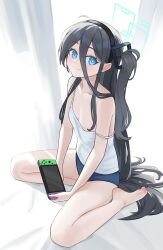 Rule 34 | 1girl, absurdly long hair, absurdres, alternate costume, aqua halo, aris (blue archive), bare arms, bare legs, bare shoulders, barefoot, black hair, blue archive, blue eyes, blue shorts, breasts, camisole, closed mouth, collarbone, green halo, halo, handheld game console, highres, holding, holding handheld game console, long hair, looking at viewer, nintendo switch, one side up, revision, shortofsugar, shorts, small breasts, smile, soles, solo, thighs, toes, very long hair, white background, white camisole