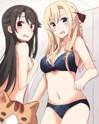 Rule 34 | 2girls, animal, bad id, bad pixiv id, bare arms, bare shoulders, black hair, black ribbon, blonde hair, blue bra, blue eyes, blue panties, blush, bow, bow bra, bow panties, bra, braid, breasts, cat, cleavage, commentary request, covering privates, hair between eyes, hair ribbon, high school fleet, highres, indoors, isoroku (haifuri), kapatarou, long hair, looking at viewer, looking to the side, medium breasts, multiple girls, munetani mashiro, navel, nude cover, open mouth, panties, photobomb, red eyes, ribbon, sidelocks, small breasts, standing, towel, underwear, underwear only, wavy mouth, white towel, wilhelmina braunschweig ingenohl friedeburg