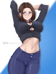 Rule 34 | 1girl, absurdres, arms behind head, artist name, blue eyes, blush, breasts, brown hair, cleavage, crop top, freckles, highres, large breasts, mandytsune, midriff, navel, pants, samsung, samsung sam, short hair, solo, stomach, thighs, tight clothes, tight pants