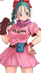 Rule 34 | 1girl, aosora2823, aqua hair, artist name, belt, blue eyes, bow, braid, braided ponytail, breasts, brown belt, brown gloves, bulma, character name, clothes writing, commentary, dragon ball, dragon ball (classic), gloves, hair bow, highres, looking to the side, medium breasts, pink shirt, pink skirt, purple scarf, radar, red bow, scarf, shirt, short hair, short sleeves, simple background, single glove, skirt, solo, standing, thighs, white background