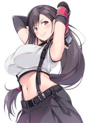 Rule 34 | 1girl, akizora momiji, armpits, arms up, bare shoulders, belt, black gloves, black hair, black skirt, breasts, cowboy shot, crop top, earrings, elbow gloves, final fantasy, final fantasy vii, final fantasy vii remake, fingerless gloves, gloves, highres, jewelry, large breasts, long hair, looking at viewer, low-tied long hair, midriff, navel, pleated skirt, red eyes, shirt, simple background, skirt, sleeveless, sleeveless shirt, smile, solo, stomach, suspender skirt, suspenders, tifa lockhart, very long hair, white background, white shirt