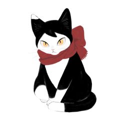 Rule 34 | :&lt;, animal, animal focus, animalization, cat, clothed animal, dungeon meshi, frs2, full body, highres, izutsumi, looking at viewer, no humans, red scarf, scarf, simple background, sitting, slit pupils, solo, white background, yellow eyes