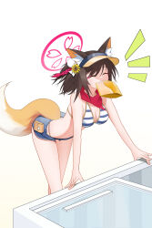 Rule 34 | 1girl, ^ ^, absurdres, animal ears, arm support, ass, bent over, bikini, black hair, blue archive, breasts, cleavage, closed eyes, commentary request, epitaph (ryaf8834), eyeshadow, fox ears, fox girl, fox tail, hair between eyes, hair ornament, halo, happy, highres, izuna (blue archive), izuna (swimsuit) (blue archive), makeup, medium breasts, medium hair, mouth hold, navel, official alternate costume, package, pink halo, red scarf, refrigerator, revision, scarf, short shorts, shorts, sidelocks, simple background, sleeveless, smile, solo, stomach, striped bikini, striped clothes, swimsuit, tail, visor cap