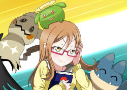Rule 34 | 1girl, absurdres, artist name, artist request, blush, book, bow, bowtie, breasts, brown eyes, brown hair, collarbone, creatures (company), eyebrows, female focus, game freak, glasses, grey sailor collar, hair between eyes, highres, holding, holding book, holding glasses, kunikida hanamaru, light brown hair, long hair, long sleeves, looking at viewer, love live!, love live! sunshine!!, matching hair/eyes, nintendo, orange bow, orange bowtie, parted lips, pokemon, pokemon (creature), sailor collar, school uniform, sleeves past wrists, small breasts, smile, solo, sweater, sweater vest, upper body, uranohoshi school uniform, vest, yellow eyes, yellow sweater, yellow vest