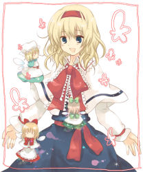 Rule 34 | 1girl, :d, akarino, akarino (yucco), alice margatroid, bad id, bad pixiv id, blonde hair, blue dress, blue eyes, blush, bow, bowtie, brown hair, capelet, doll, dress, female focus, flying, long sleeves, open mouth, red bow, red bowtie, shanghai doll, short hair, simple background, size difference, smile, solo, touhou, white background