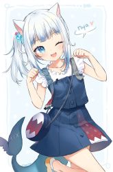 Rule 34 | 1girl, ;d, animal ears, bag, blue dress, blue eyes, blue hair, blush, brown footwear, cat ears, collarbone, commentary, cube hair ornament, dress, english commentary, fins, fish tail, gawr gura, gawr gura (casual), hair ornament, hands up, heart, highres, hololive, hololive english, leaning to the side, moorina, multicolored hair, one eye closed, open mouth, paw pose, romaji text, sandals, shark tail, shirt, shoulder bag, side ponytail, silver hair, sleeveless, sleeveless dress, smile, solo, standing, standing on one leg, streaked hair, tail, virtual youtuber, white shirt