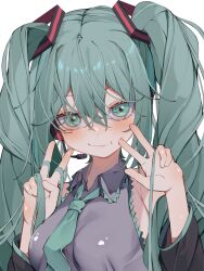 Rule 34 | 1girl, absurdres, aqua eyes, aqua hair, aqua necktie, blush, breasts, commentary, detached sleeves, happy birthday, hatsune miku, headset, highres, looking at viewer, medium breasts, necktie, simple background, solo, tsune (tune), twintails, v, vocaloid, w, white background