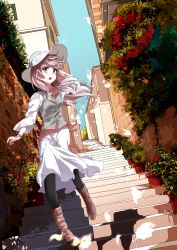 Rule 34 | 1girl, absurdres, arm behind head, black pantyhose, blue sky, boots, bush, dappled sunlight, day, dress, hair blowing, hat, highres, jouji (havel the rock), leaf, long sleeves, looking at viewer, medium hair, neck ribbon, open mouth, orange eyes, original, outdoors, pantyhose, pink footwear, pink hair, plant, potted plant, ribbon, shadow, sky, solo, stairs, sun hat, sunlight, town, waistcoat, walking, white dress, wind
