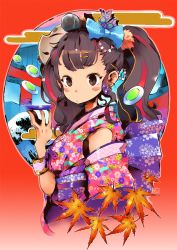 Rule 34 | 1girl, andrewcockroach, blue bow, blue nails, blush stickers, bow, brown hair, closed mouth, cup, detached sleeves, fingernails, floral print, fox mask, from side, hair bow, hair ornament, hairclip, japanese clothes, kimono, leaf, looking at viewer, looking to the side, maple leaf, mask, mask on head, microphone, multicolored hair, multicolored nails, nail polish, obi, original, pink nails, purple kimono, purple sash, sakazuki, sash, solo, streaked hair, twintails, unmoving pattern, upper body, wristband
